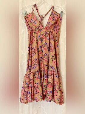 Mamey Pink Tropical Boho Tiered Mini Dress Small Open Tie Back 🌺